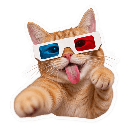 A cat wearing red and blue 3D glasses